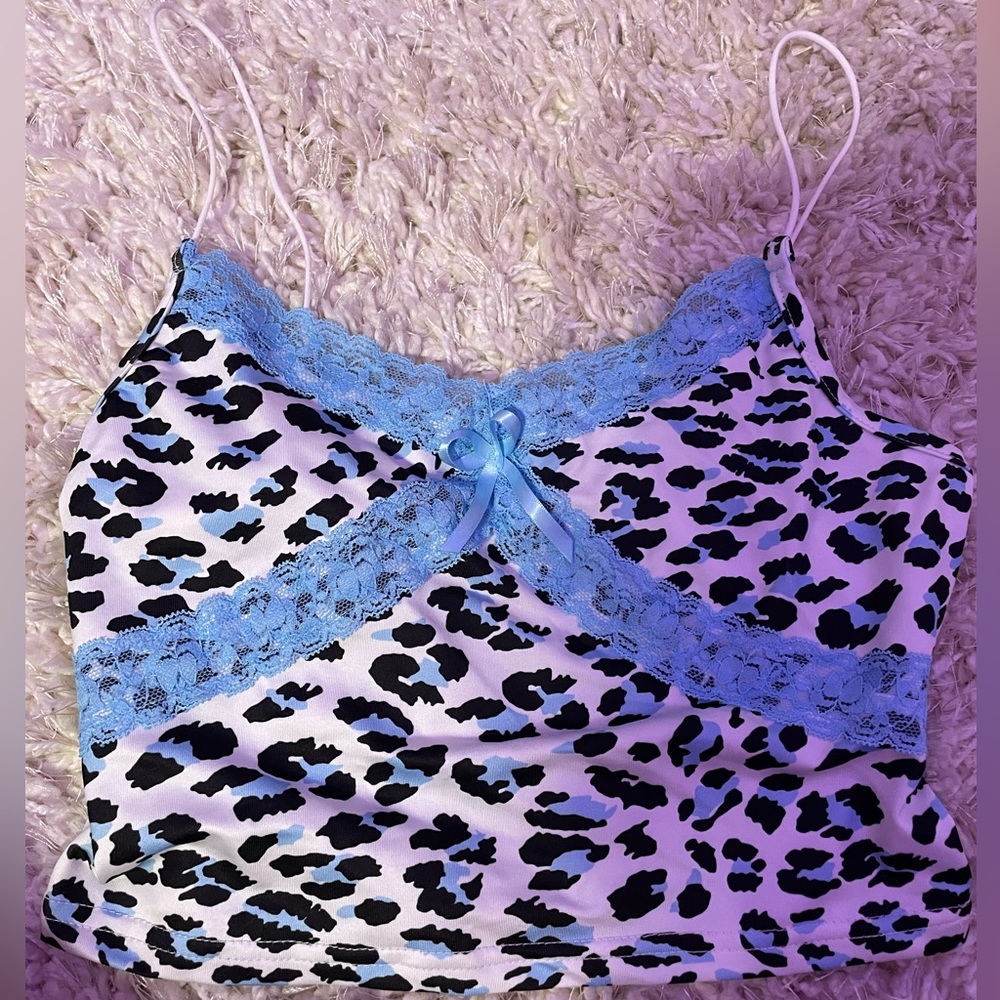shein animal print blue lace cami tank, spaghetti strap